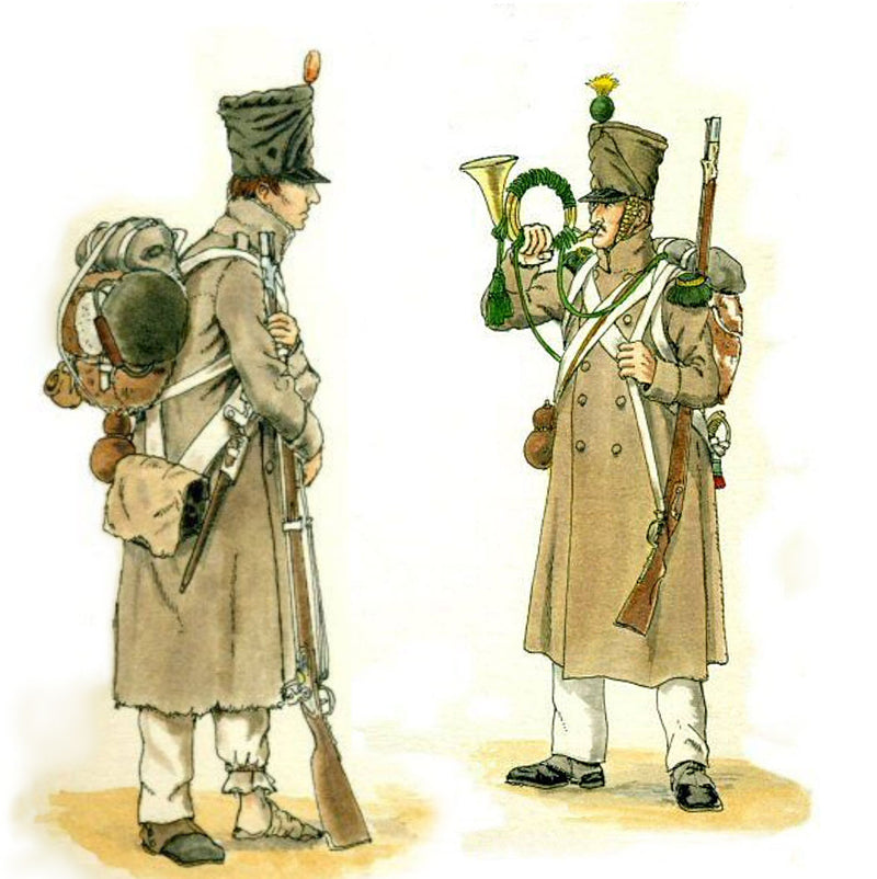 two Austrian soldiers in period military uniforms for the 1813 campaigns of the Napoleonic era